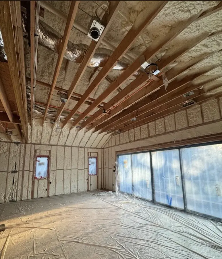 Interior walls and ceiling insulated with spray foam during new construction in Red Chute